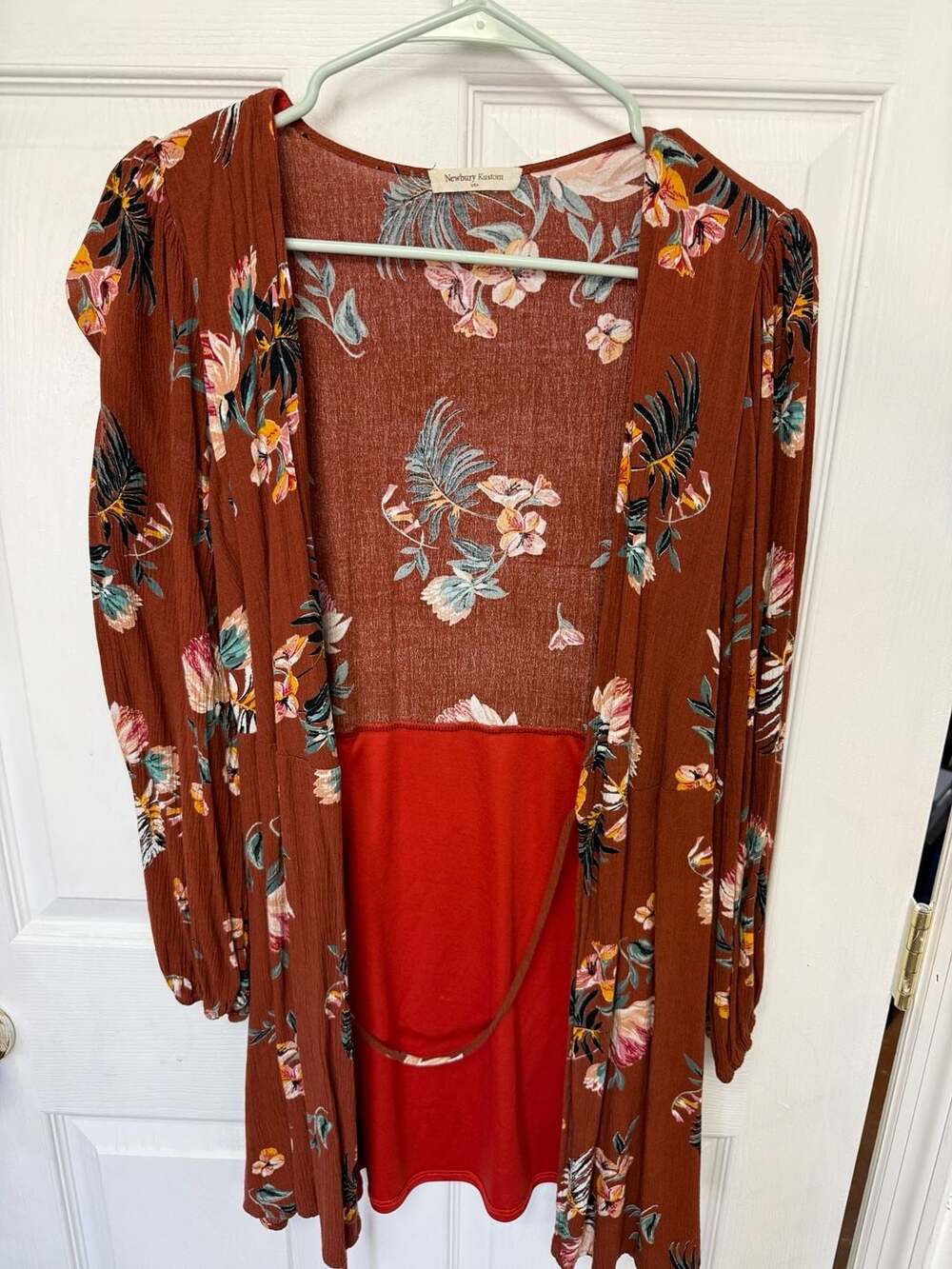 Newbury Kustom Rust Floral Print Open Front Long Sleeve Duster Kimono Dress